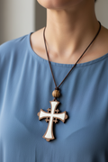 Olive Wood and White Mother of Pearl Cross Necklace