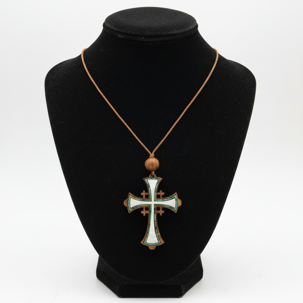 Jerusalem Cross Necklace with a Bead (Olive Wood and Colorful Abalone)