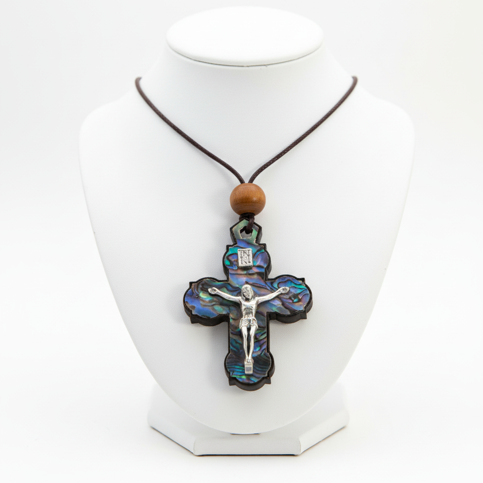 Blue-Green Mother of Pearl INRI Crucifix Necklace with a Bead on Olive Wood Base
