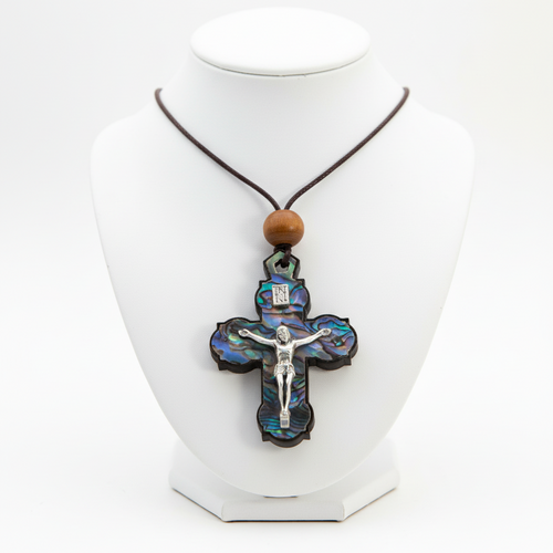 Olive wood crucifix hand carved in Bethlehem, front view of the olive wood masterpiece