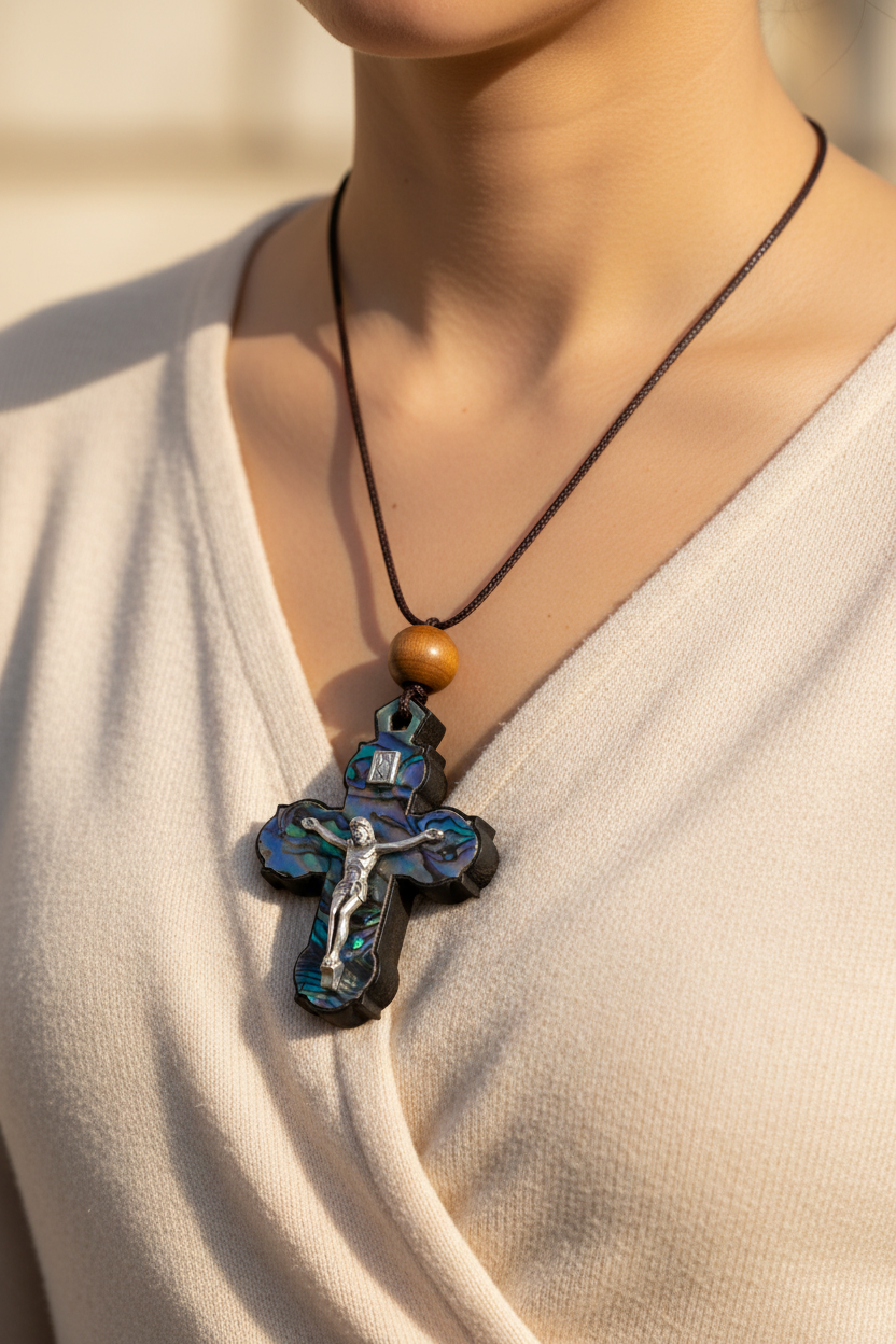 Blue Green Mother of Pearl INRI Crucifix Necklace with a Bead on Olive Wood Base