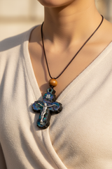 Blue Green Mother of Pearl INRI Crucifix Necklace with a Bead on Olive Wood Base