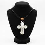 White Mother of Pearl INRI Crucifix Necklace with a Bead on Olive Wood Base