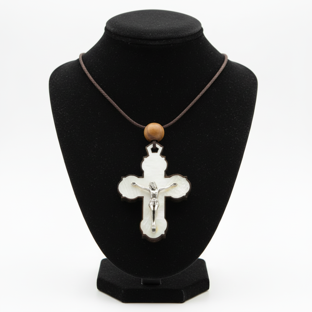 White Mother of Pearl INRI Crucifix Necklace with a Bead on Olive Wood Base