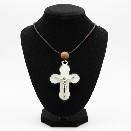 Olive wood crucifix hand carved in Bethlehem, front view of the olive wood masterpiece