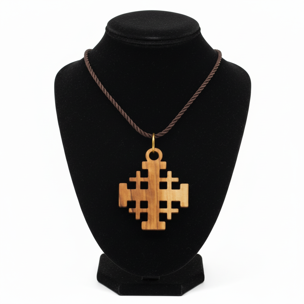 Religious jewelry hand made in Bethlehem Holy Land, front view of the olive wood masterpiece