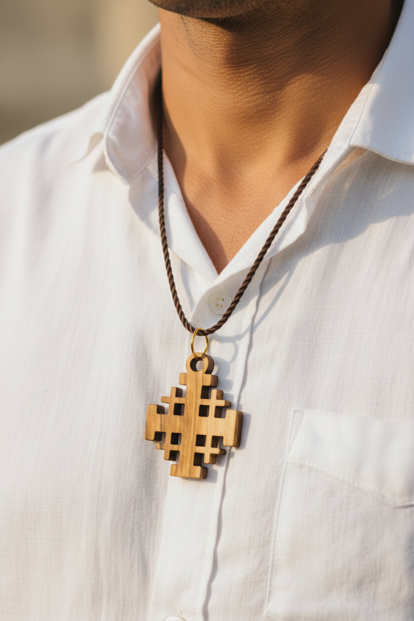 Plain Olive Wood Jerusalem Cross Necklace | Olive Wood from Bethlehem