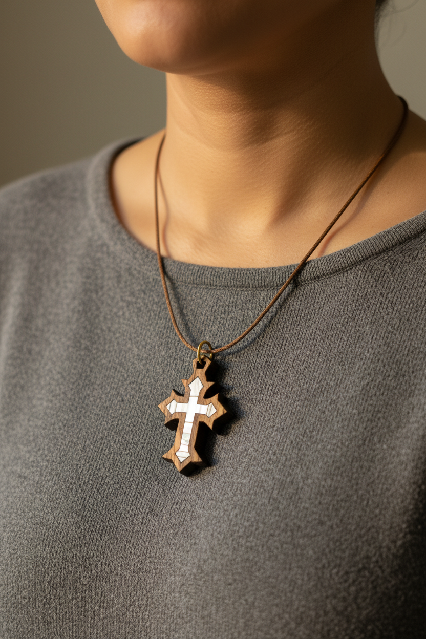 Mother of Pearl Cross Necklace | Olive Wood from Bethlehem