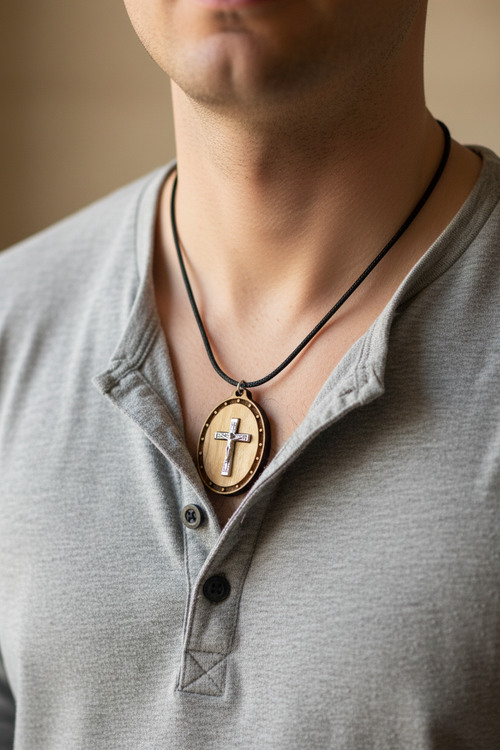 Olive wood crucifix hand carved in Bethlehem, front view of the olive wood masterpiece