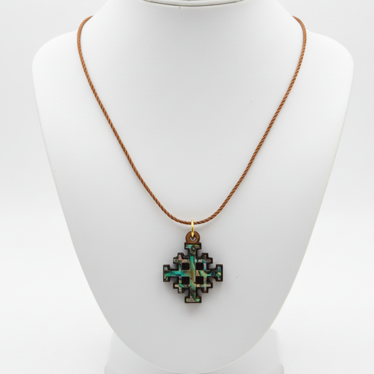 Olive Wood and Colorful Mother of Pearl Jerusalem Cross Necklace