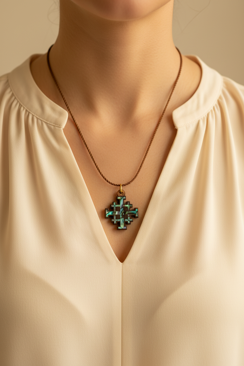 Olive Wood and Colorful Mother of Pearl Jerusalem Cross Necklace