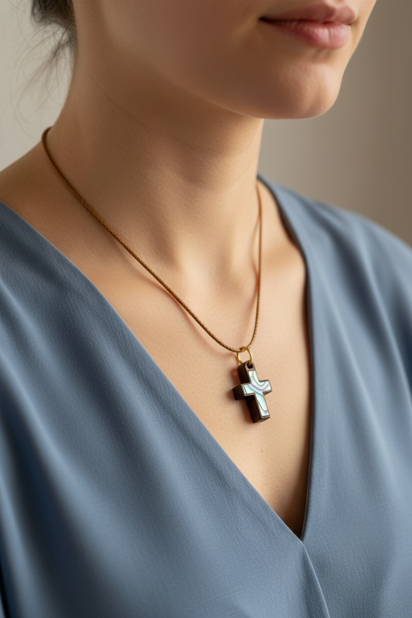 Olive Wood Cross Necklace with Colorful Mother of Pearl