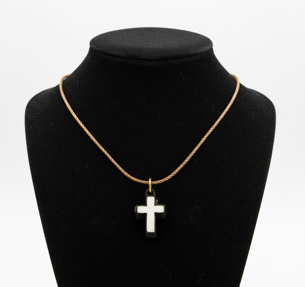 Olive Wood Cross Necklace with White Mother of Pearl inlay