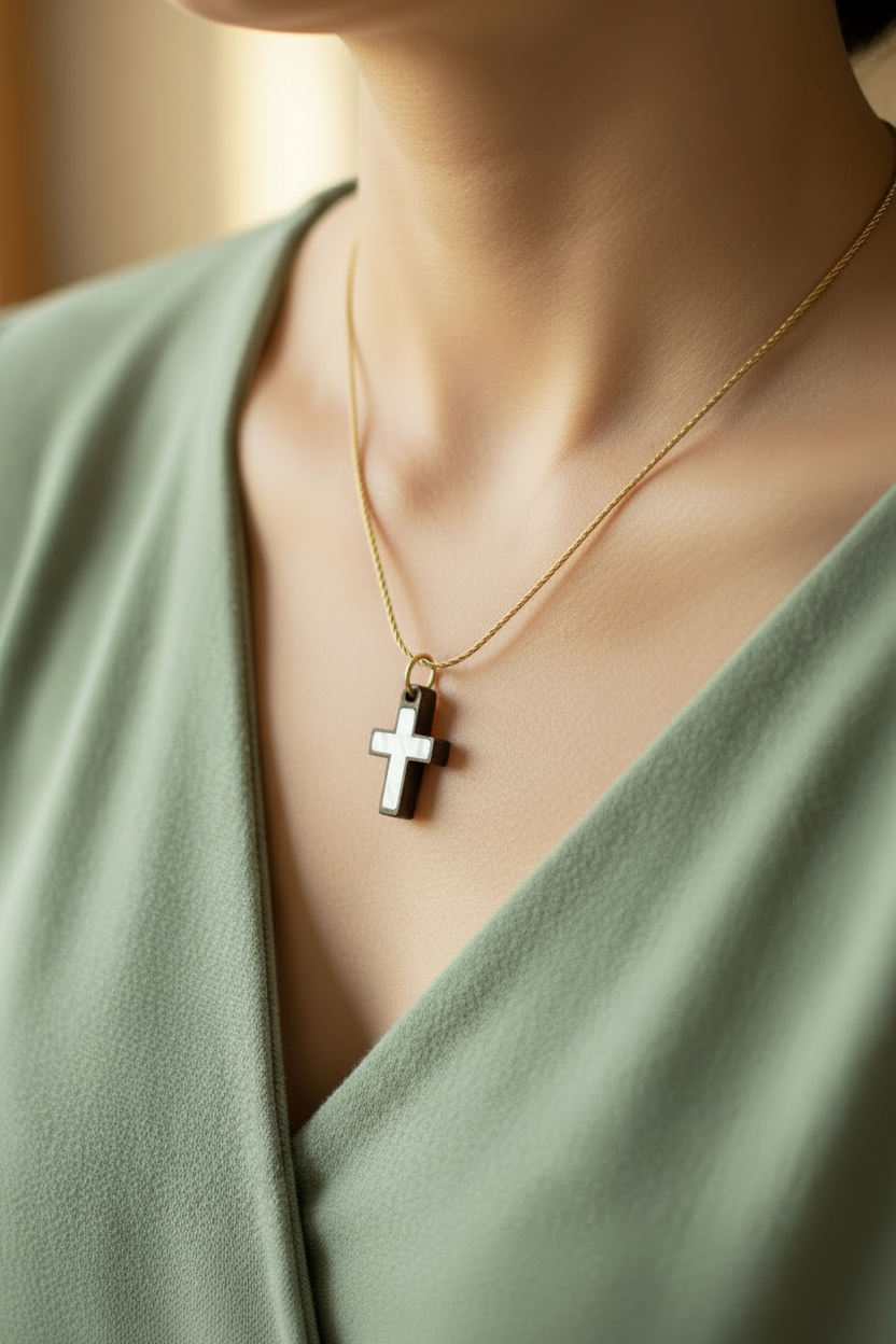 Olive Wood Cross Necklace with White Mother of Pearl inlay
