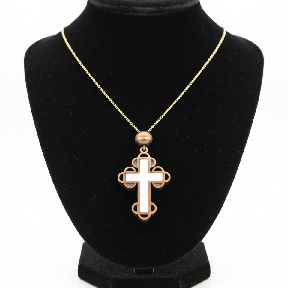 Budded Cross Necklace with a Bead (Olive Wood and White Abalone)