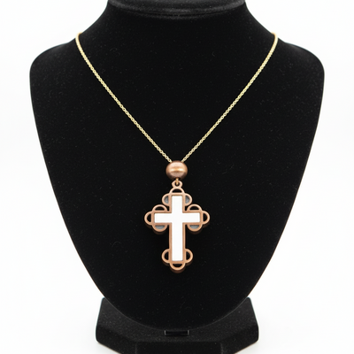Budded Cross Necklace with a Bead (Olive Wood and White Abalone)