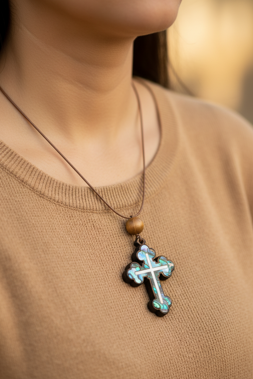 Mother of Pearl Budded Cross Necklace with a Bead