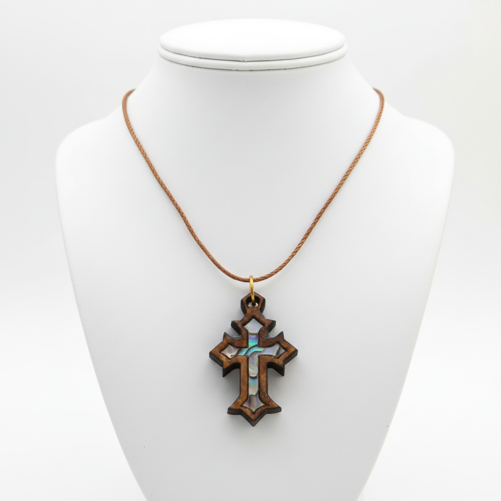 Colorful Mother of Pearl Cross Necklace on Olive Wood Base