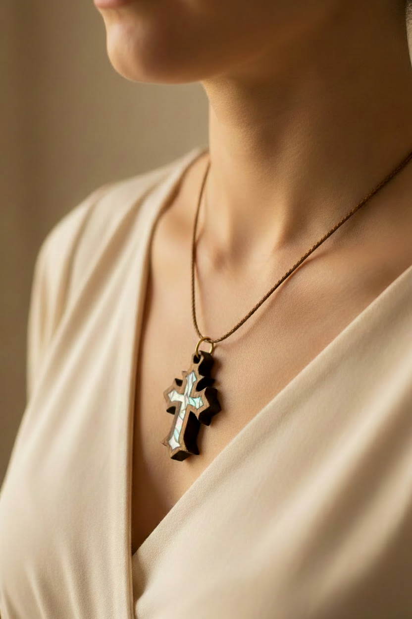Colorful Mother of Pearl Cross Necklace on Olive Wood Base