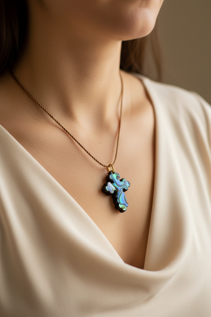 Budded Cross Necklace (Olive Wood and Colorful Mother