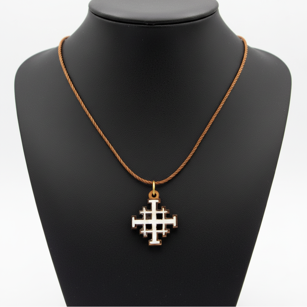 Jerusalem Cross Necklace (Olive Wood and White Mother of Pearl)
