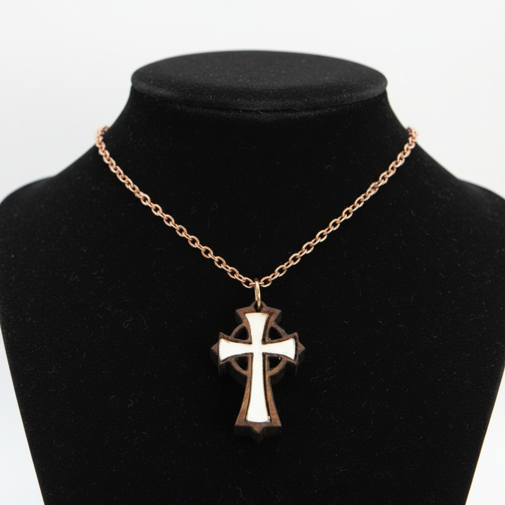 Olive Wood and White Mother of Pearl Cross Necklace (Celtic Style)