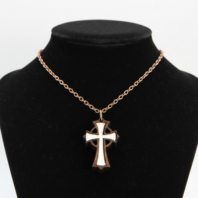 Olive Wood and White Mother of Pearl Cross Necklace (Celtic Style)