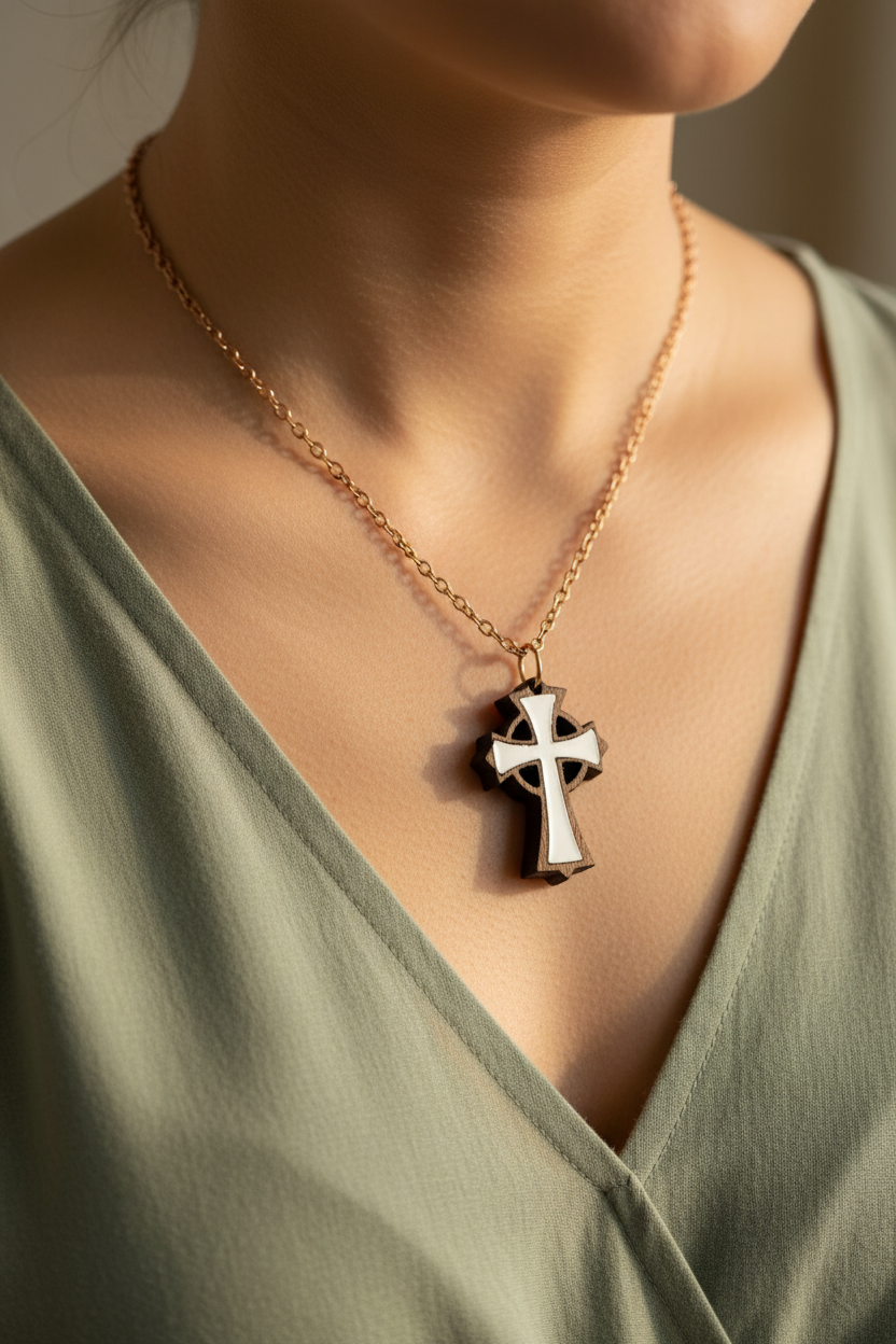 Olive Wood and White Mother of Pearl Cross Necklace, Celtic Style