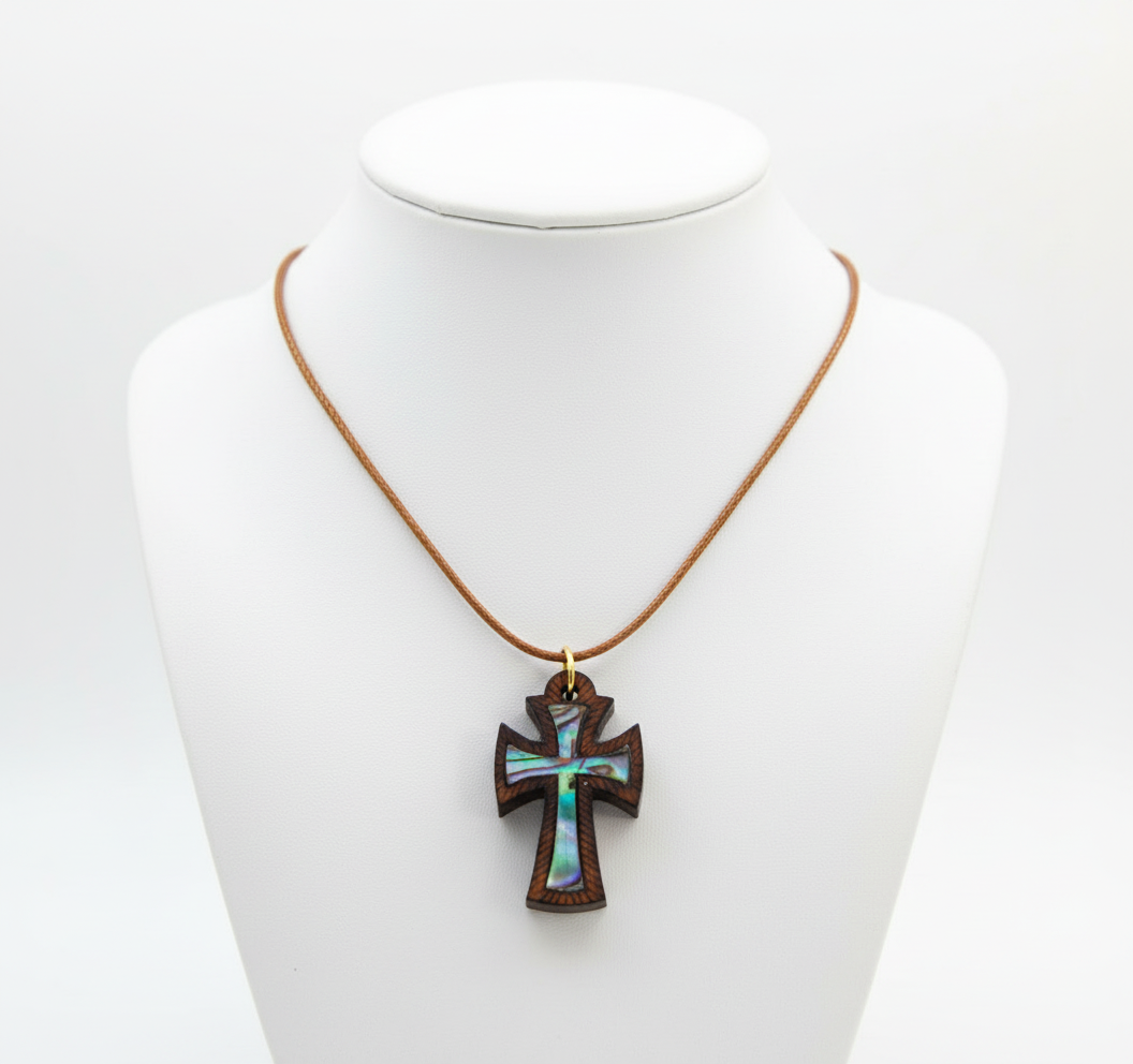 Olive Wood and Blue-Green Mother of Pearl Necklace