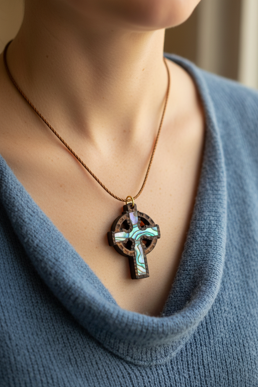 Colorful Mother of Pearl Celtic Cross Necklace