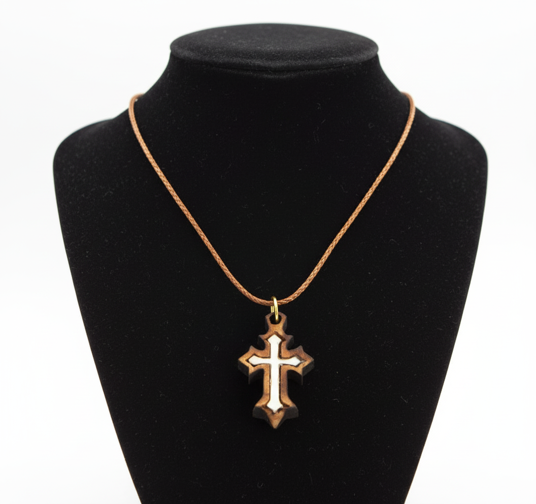 Cross Necklace (Olive Wood and White Mother of Pearl)