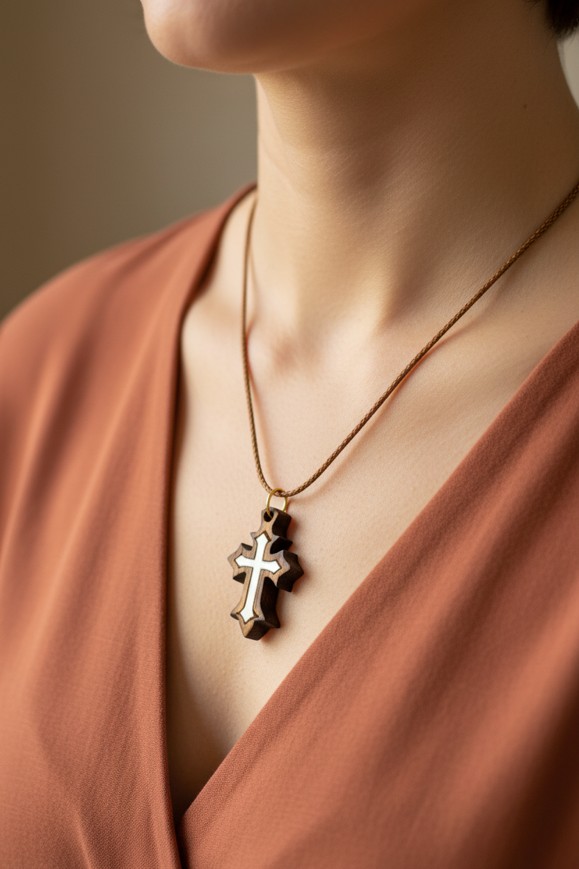 Cross Necklace (Olive Wood and White Mother of Pearl)