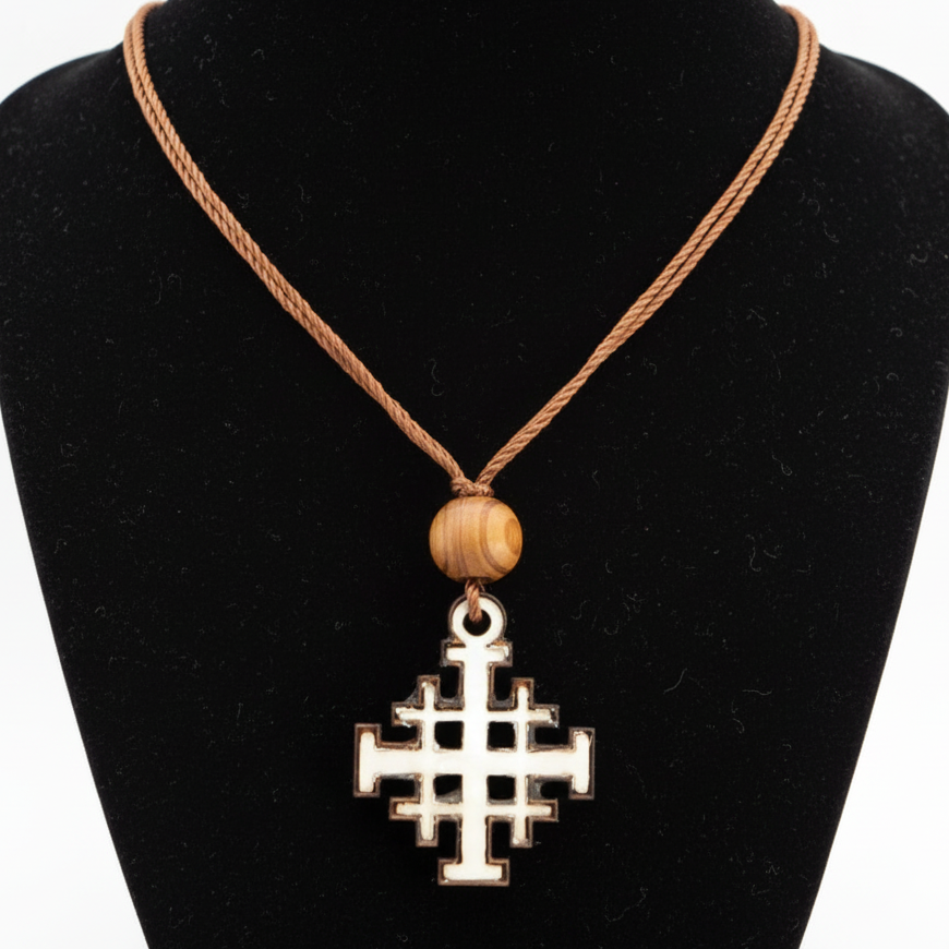 Olive Wood and White Mother of Pearl Jerusalem Cross Necklace with a Bead