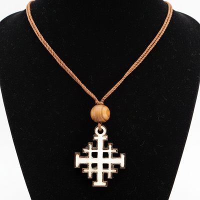 Olive Wood and White Mother of Pearl Jerusalem Cross Necklace with a Bead