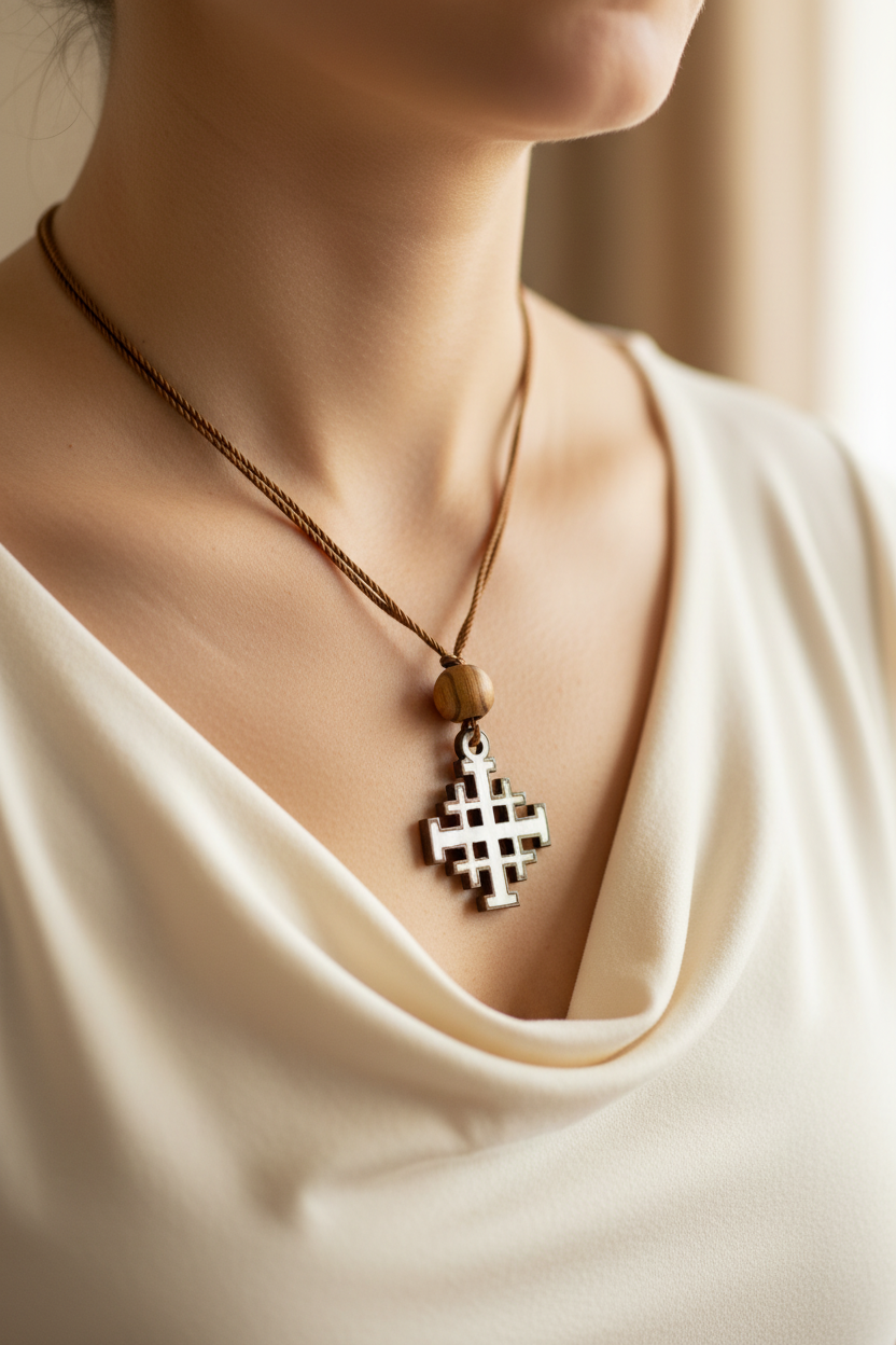 Olive Wood and White Mother of Pearl Jerusalem Cross Necklace with a Bead