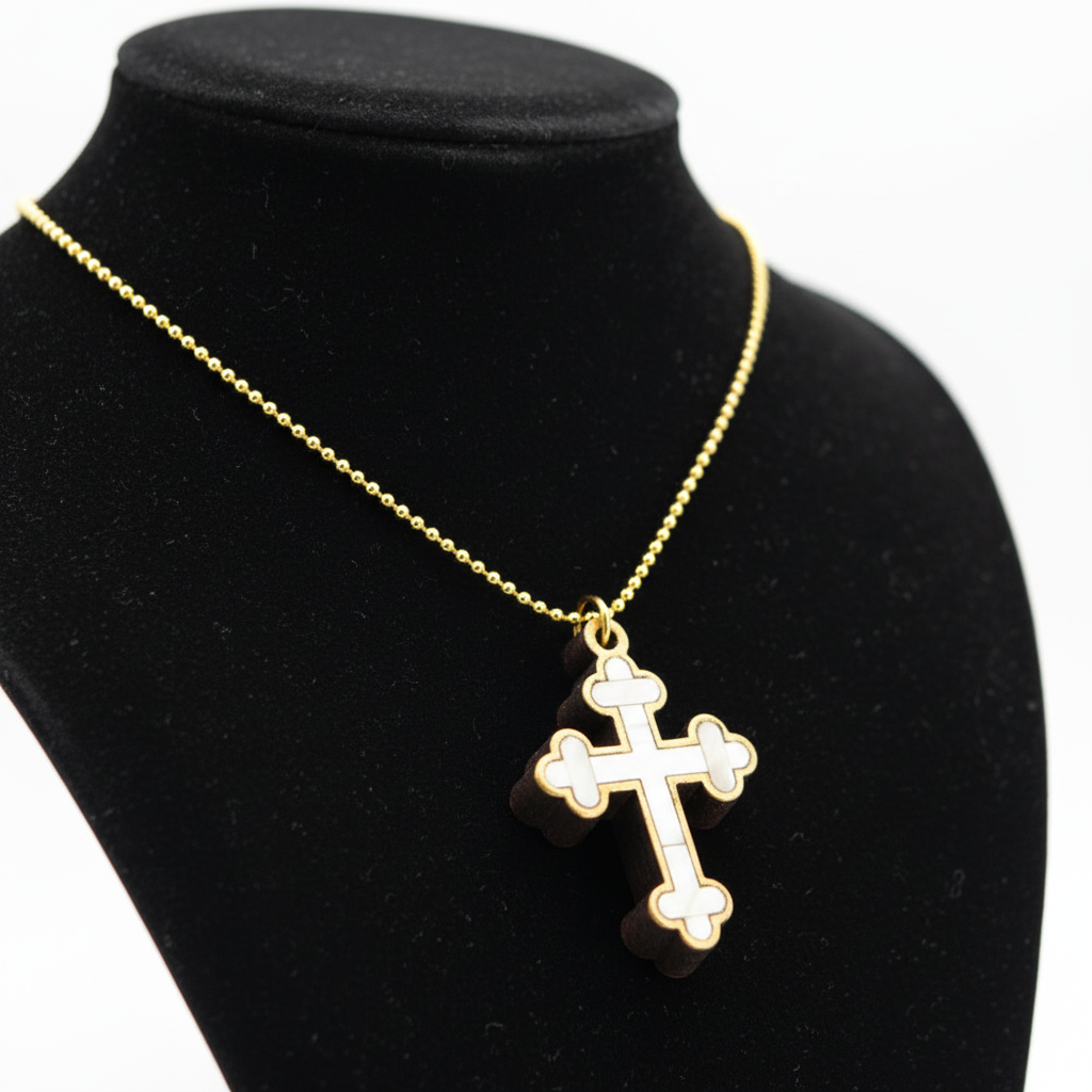 Budded Cross Necklace (Olive Wood and White Abalone)