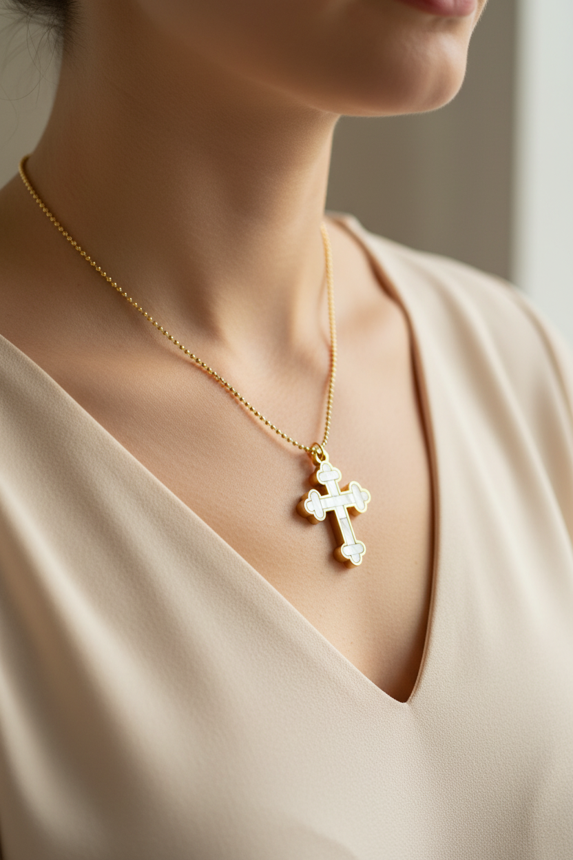 Budded Cross Necklace (Olive Wood and White Abalone)