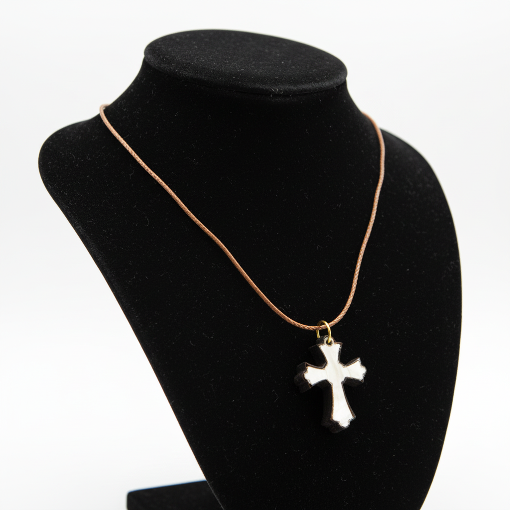 White Nacre Cross Necklace on Olive Wood Base