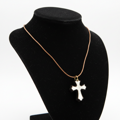 White Nacre Cross Necklace on Olive Wood Base