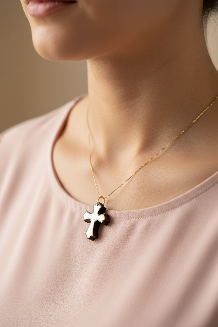 Collar de cruz de nácar blanco sobre base de madera de olivo | Artesanía de Belén