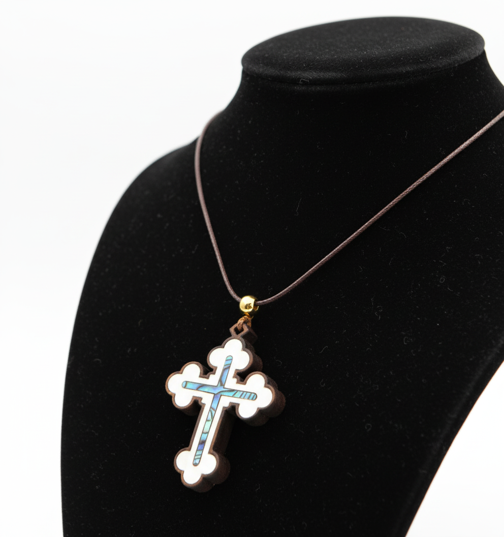 Budded Cross Necklace with a Bead (Olive Wood and Colorful Mother of Pearl)