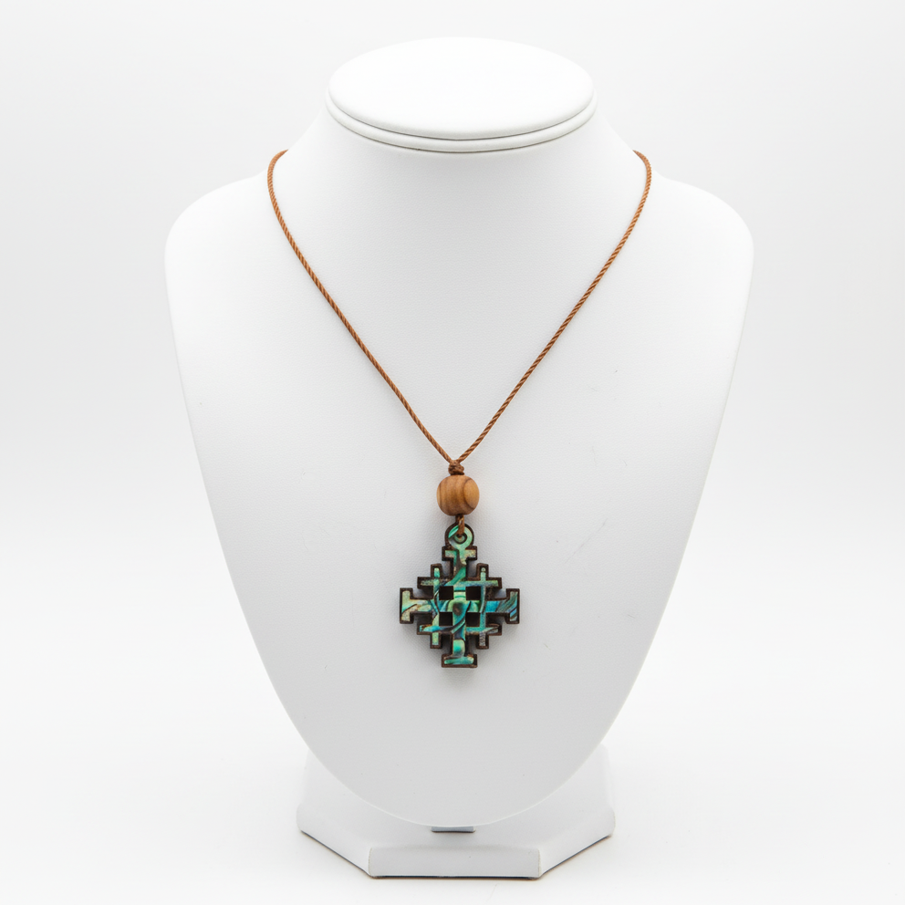Jerusalem Cross mother of pearl religious gift from Bethlehem, front view of the olive wood masterpiece