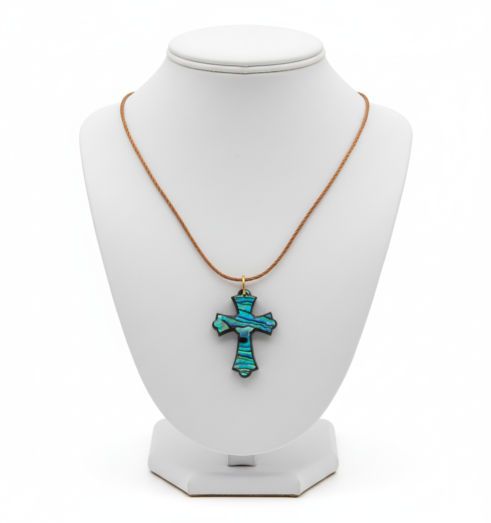 Colorful Nacre Cross Necklace on Olive Wood Base