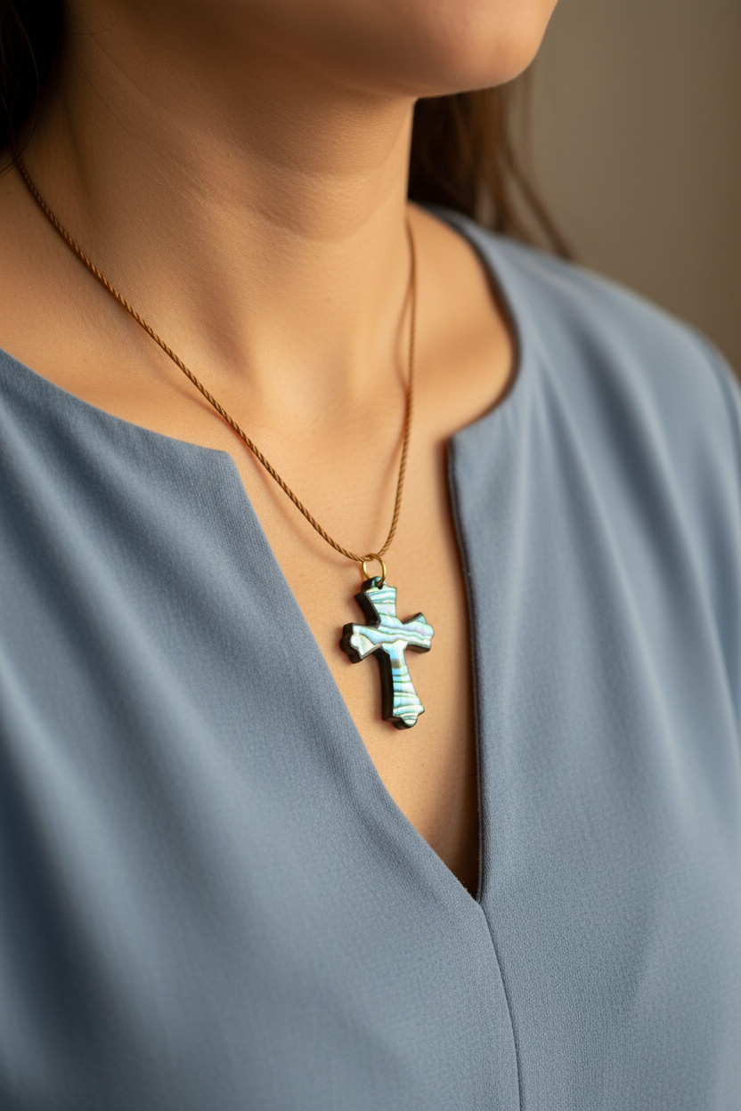 Colorful Nacre Cross Necklace on Olive Wood | Bethlehem Handicrafts
