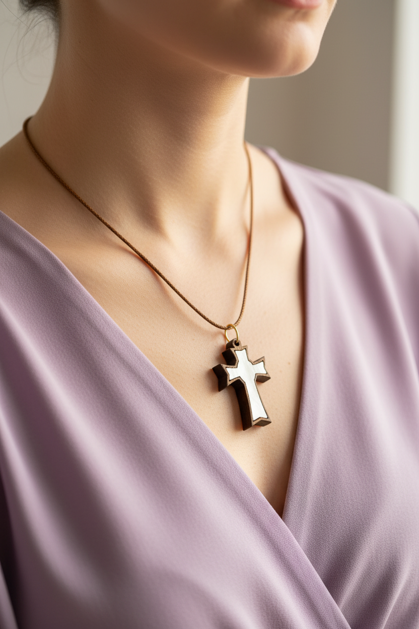 White Mother of Pearl Cross Necklace | Olive Wood from Bethlehem