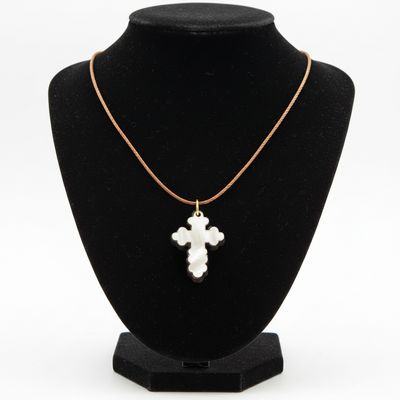 Olive Wood and White Mother of Pearl Cross Necklace (Budded Style)