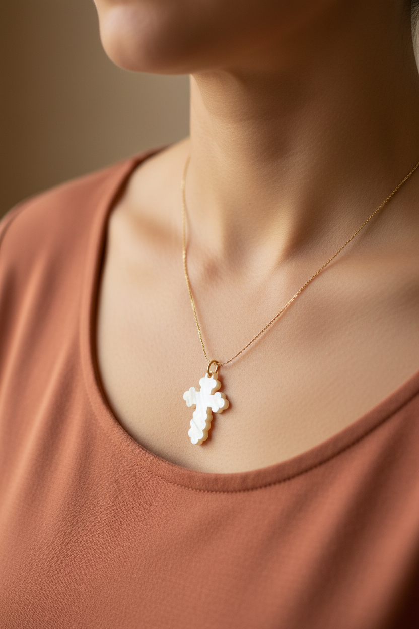 Olive Wood and White Mother of Pearl Cross Necklace, Budded Style