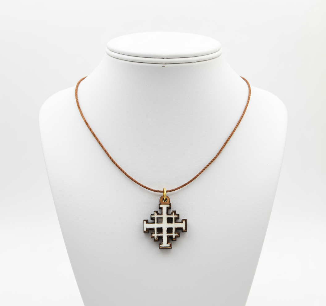Jerusalem Cross Necklace (Olive Wood and White Abalone)