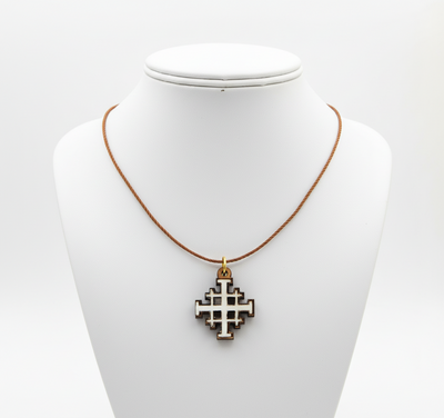 Jerusalem Cross Necklace (Olive Wood and White Abalone)