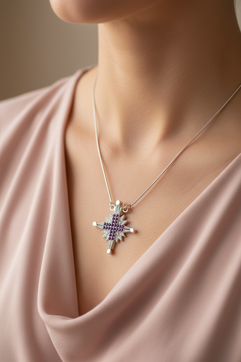 Magnetic Star of Bethlehem Necklace with Purple Gemstones